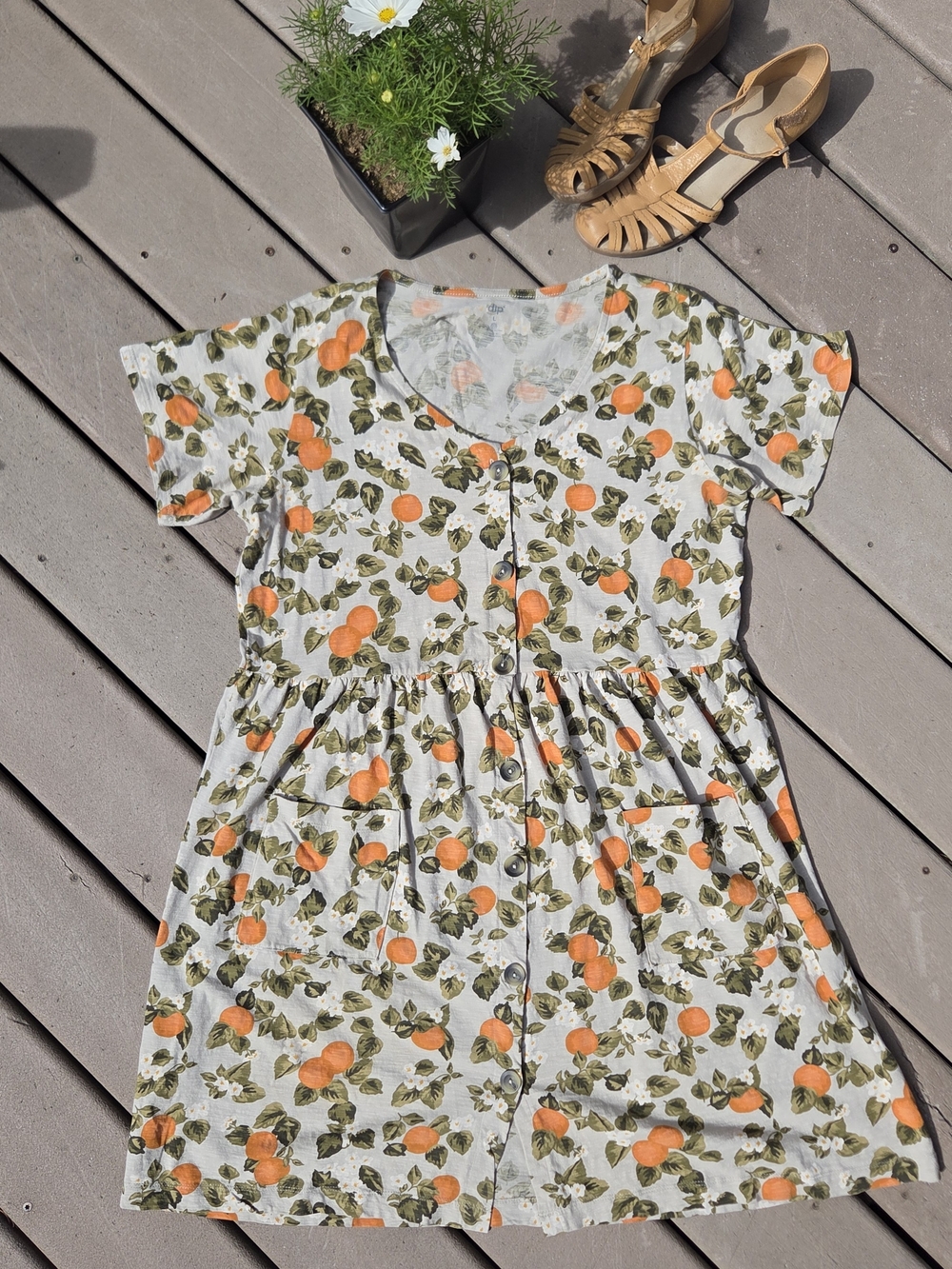 Dip Cotton Button-Front Orange Print Babydoll Mumu Dress - Picture 3 of 8